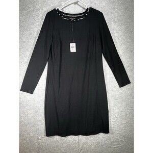 J Jill Wearever Dress Size S Black Long Sleeve Faux Pearl Neckline Stretch Knit